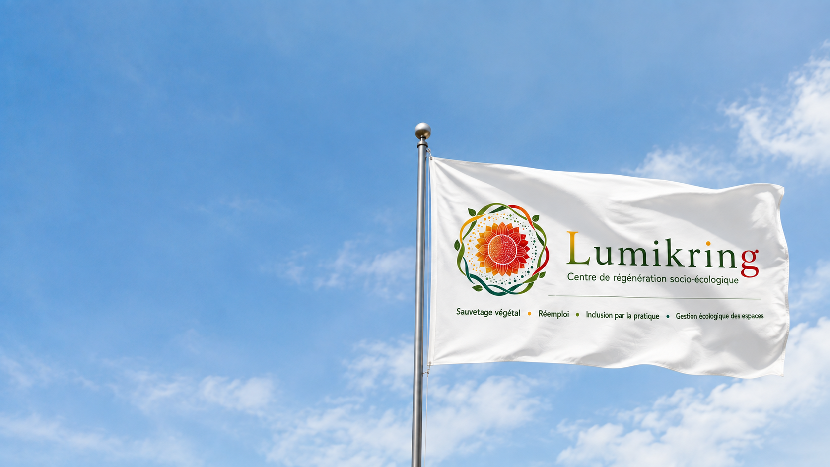 Drapeau Lumikring avec le logo et les quatre domaines d’activité